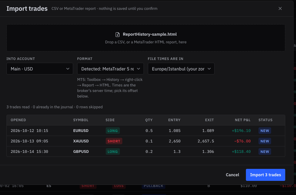 MetaTrader 5 raporundaki işlemleri önizleyen içe aktarma diyaloğu