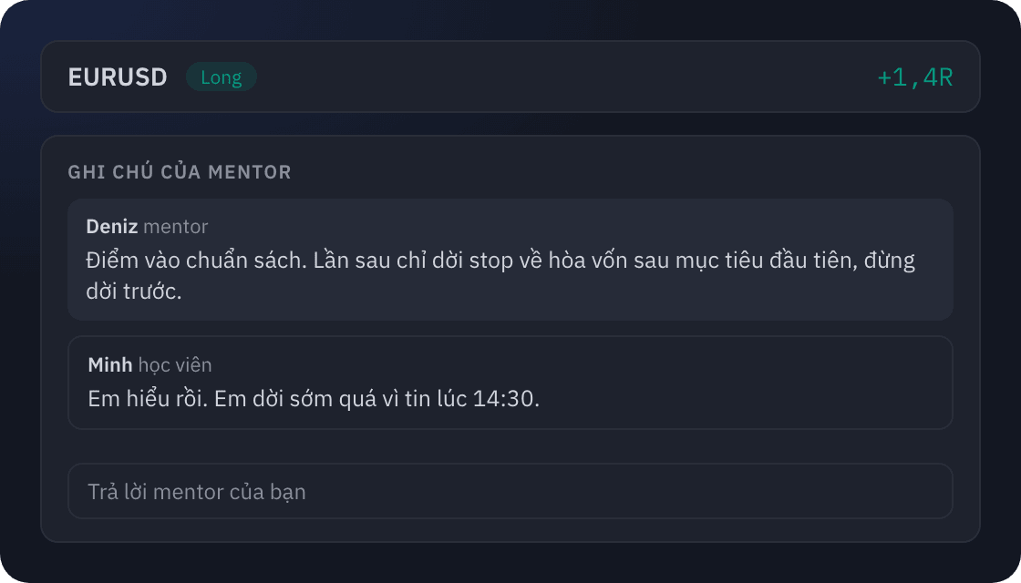 Ghi chú của mentor trên một lệnh trong SetupBook: lời khuyên của mentor và câu trả lời của trader bên dưới
