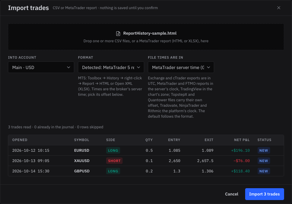 SetupBook – نافذة الاستيراد تعرض معاينة ثلاث صفقات من تقرير MetaTrader 5
